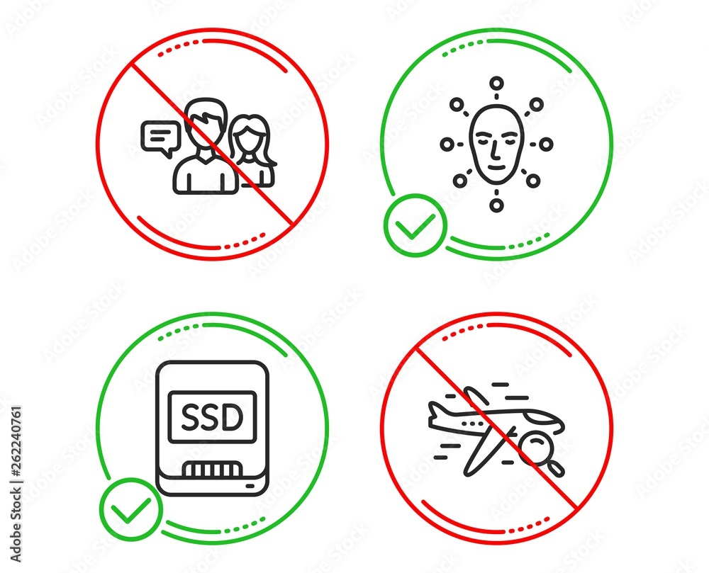 Do or Stop. Ssd, People talking and Face biometrics icons simple set. Search flight sign. Memory disk, Contact service, Facial recognition. Find travel. Line ssd do icon. Prohibited ban stop. Vector