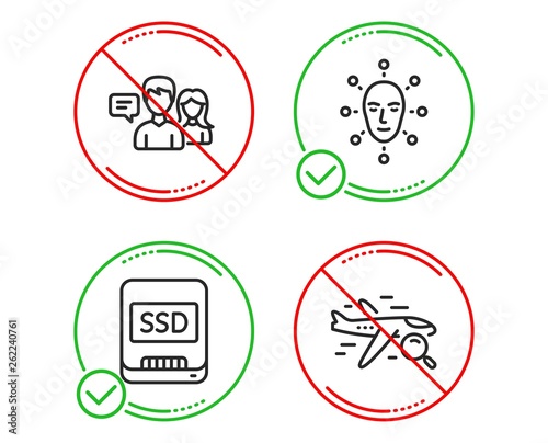 Do or Stop. Ssd, People talking and Face biometrics icons simple set. Search flight sign. Memory disk, Contact service, Facial recognition. Find travel. Line ssd do icon. Prohibited ban stop. Vector