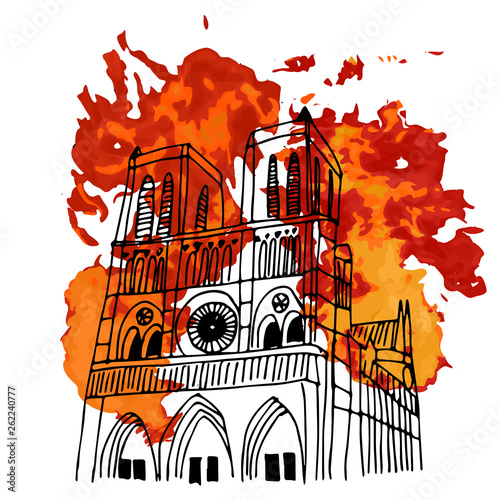 Notre Dame de Paris cathedral on fire. Vector sketch postcard
