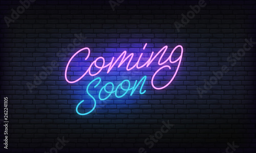 Coming soon neon banner vector template. Glowing night bright lettering sign for advertisement.