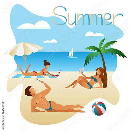 Summer vacation on a tropical beach. Young people are sunbathing on the beach with gadgets in their hands. Flat design template, vector illustration.