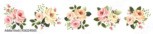 Vector illustration. Botanical collection. Set of romantic bouquets. Flower arrangements of leaves and pink roses .