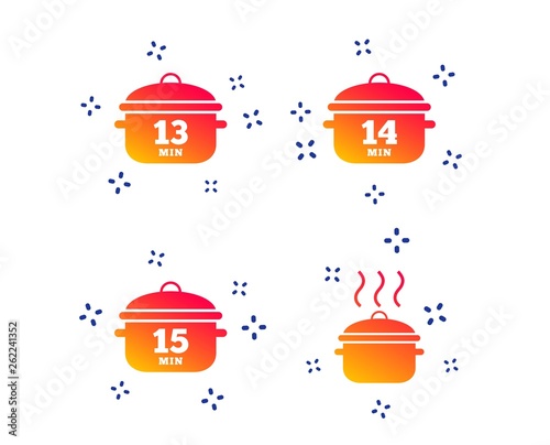 Cooking pan icons. Boil 13, 14 and 15 minutes signs. Stew food symbol. Random dynamic shapes. Gradient cooking pan icon. Vector