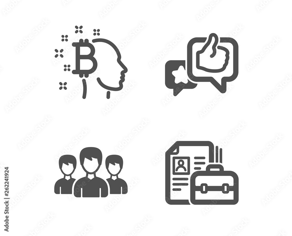 Set of Bitcoin think, Like and Group icons. Vacancy sign. Cryptocurrency head, Star rating, Group of people. Hiring job. Classic design bitcoin think icon. Flat design. Vector Set of Bitcoin think, Like and Group icons. Vacancy sign. Cryptocurrency head, Star rating, Group of people. Hiring job. Classic design bitcoin think icon. Flat design. Vector