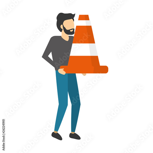 man holding traffic cone