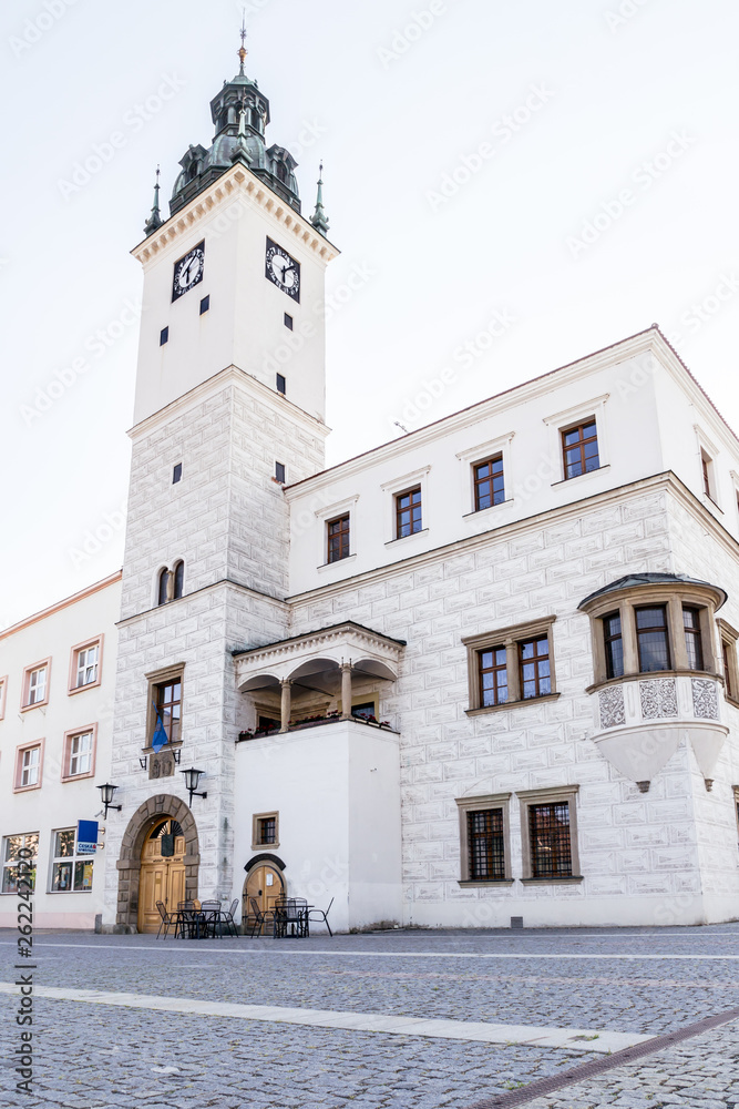 The town hall in Kyjov, South Moravia, Czech Republic. It has ornate sgraffito patterned bricks, a bay window and clock tower in Renaissance style.