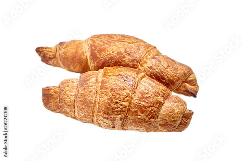 Croissants isolated on white background. Two buns. Flour baking