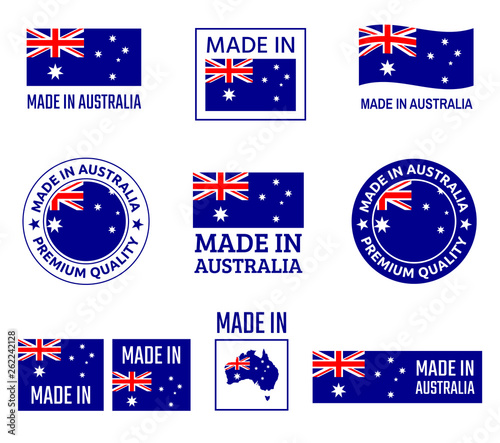 made in Australia labels set, made in Commonwealth of Australia product emblem
