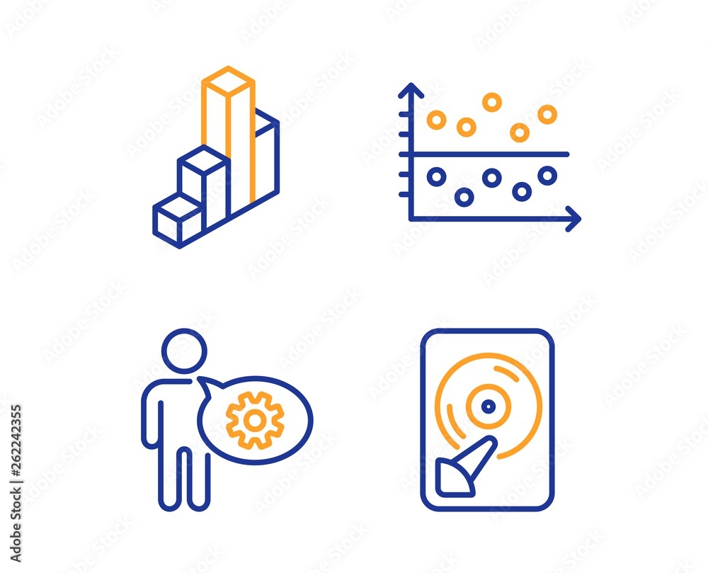 Cogwheel, 3d chart and Dot plot icons simple set. Hdd sign. Engineering tool, Presentation column, Presentation graph. Memory disk. Science set. Linear cogwheel icon. Colorful design set. Vector