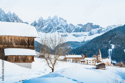 Dolomites mountain peaks with Val di Funes village in winter, South Tyrol, Italy © JFL Photography