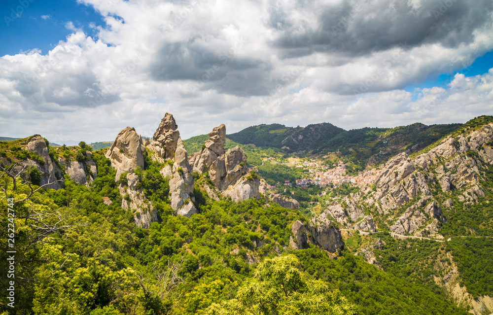 Lucan Dolomites with Castelmezzano village in summer, Basilicata, Italy Lucan Dolomites with Castelmezzano village in summer, Basilicata, Italy