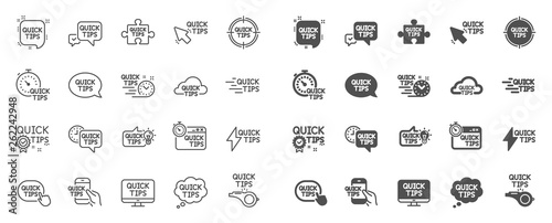 Quick tips line icons. Set of Helpful tricks, Solution and Quickstart guide linear icons. Tutorial, helpful tips and turning tricks. Hand hold smartphone, Quick chat, tutorial, whistle signs. Vector