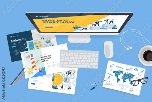 Creative workspace concept, top view. Flat design vector illustration for graphic and website design and development, creative process, business planning, strategy and presentation, internet marketing