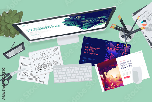 Creative workspace concept, top view. Flat design vector illustration for graphic and website design and development, creative process, business planning, strategy and presentation, internet marketing