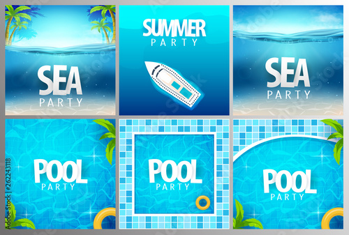 Summer posters. Sea, pool and summer party. Vector illustration with deep underwater ocean scene.
