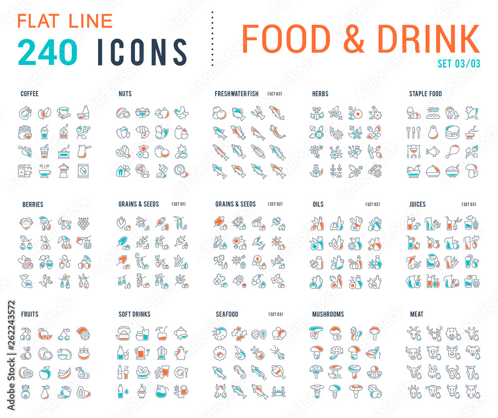 Collection Linear Icons of Food and Drinks.