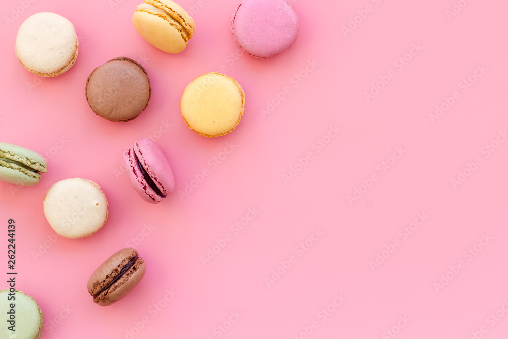 sweet dessert pattern with macarons on pink background flat lay mockup sweet dessert pattern with macarons on pink background flat lay mockup