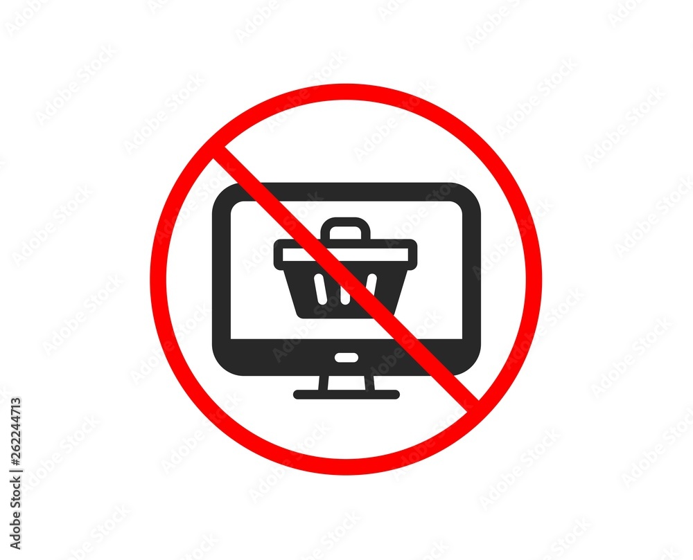 No or Stop. Online Shopping cart icon. Monitor sign. Supermarket basket symbol. Prohibited ban stop symbol. No web shop icon. Vector No or Stop. Online Shopping cart icon. Monitor sign. Supermarket basket symbol. Prohibited ban stop symbol. No web shop icon. Vector