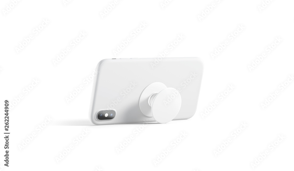 Blank white phone pop socket sticked on mobile mockup, isolated, side view,  3d rendering. Empty popsocket round holder for smartphone mock up. Clear  stand attach grip on the back of mobile. Stock