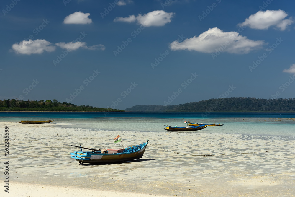 Fishermen boats on the Pristine beach, Havelock Island of the Andaman and Nicobar Islands, India