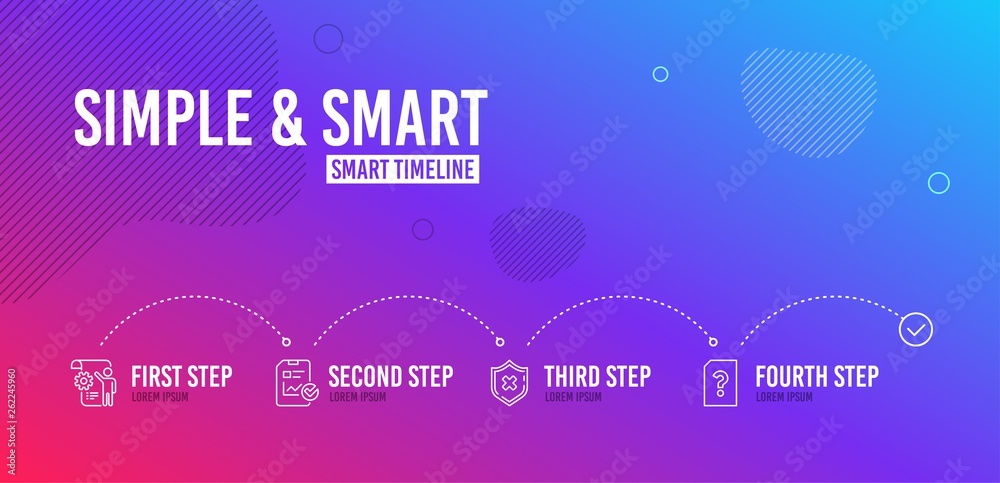 Infographic timeline. Settings blueprint, Report checklist and Reject protection icons simple set. Unknown file sign. Engineering cogwheel, Sales growth file, No security. Vector Infographic timeline. Settings blueprint, Report checklist and Reject protection icons simple set. Unknown file sign. Engineering cogwheel, Sales growth file, No security. Vector