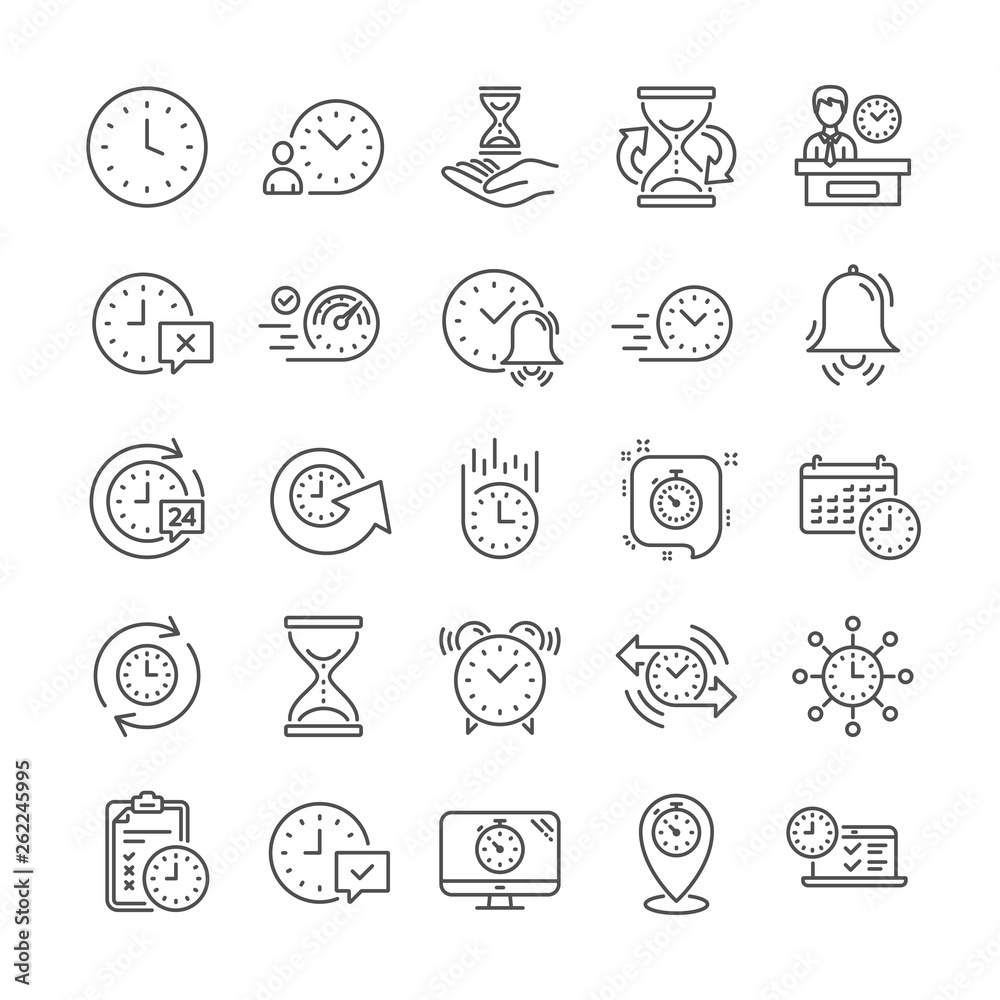 Time line icons. Set of Delivery service, Time management timer and Calendar linear icons. Checklist, Stopwatch timer and hourglass. 24 hours and Presentation, calendar, checklist test. Vector
