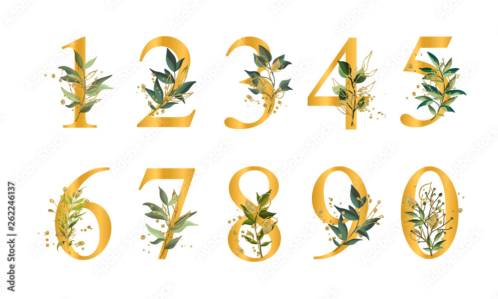 Golden floral numbers with green leaves and gold splatters isolated - obrazy, fototapety, plakaty 