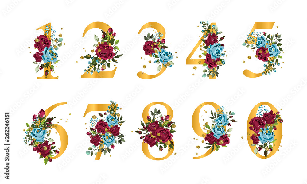 Golden floral numbers with flowers bordo navy blue roses leaves and gold splatters