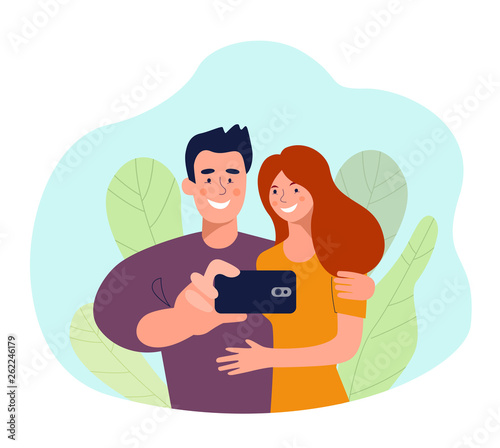 Young woman and man taking selfie isolated. Vector flat style illustration