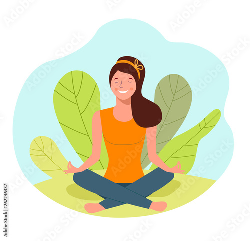 Young girl doing yoga. Woman relaxing in the lotus position. Vector flat illustration.