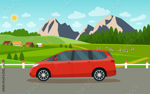 Minivan. Summer landscape with village and herd of cows on the field. Vector flat style illustration. © lyudinka