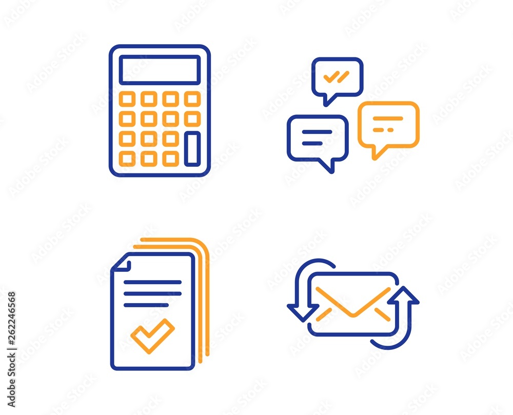 Calculator, Handout and Chat messages icons simple set. Refresh mail sign.  Accounting device, Documents example, Communication. New e-mail. Technology  set. Linear calculator icon. Colorful design set Stock Vector | Adobe Stock