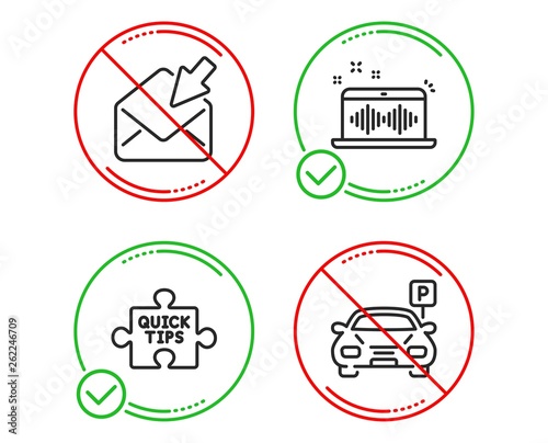 Do or Stop. Music making, Open mail and Quick tips icons simple set. Parking sign. Dj app, View e-mail, Tutorials. Car park. Technology set. Line music making do icon. Prohibited ban stop. Good or bad