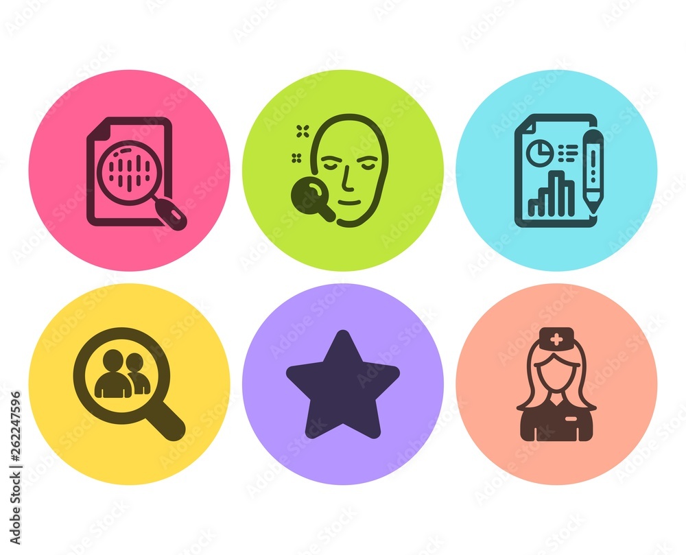Search employees, Analytics chart and Star icons simple set. Face search, Report document and Hospital nurse signs. Staff analysis, Report analysis. Science set. Flat search employees icon. Vector