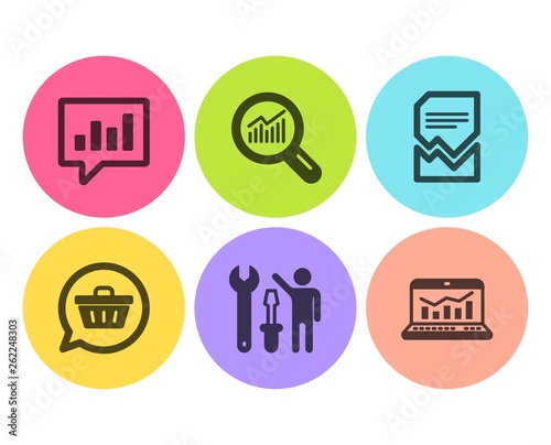 Repairman, Analytical chat and Shopping cart icons simple set. Data analysis, Corrupted file and Web analytics signs. Repair screwdriver, Communication speech bubble. Technology set. Vector