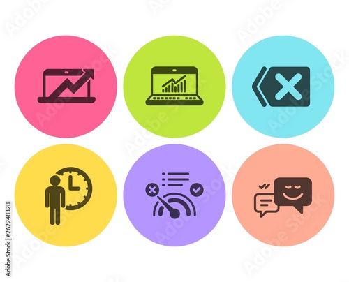 Remove, No internet and Waiting icons simple set. Online statistics, Sales diagram and Happy emotion signs. Delete button, Bandwidth meter. Technology set. Flat remove icon. Circle button. Vector