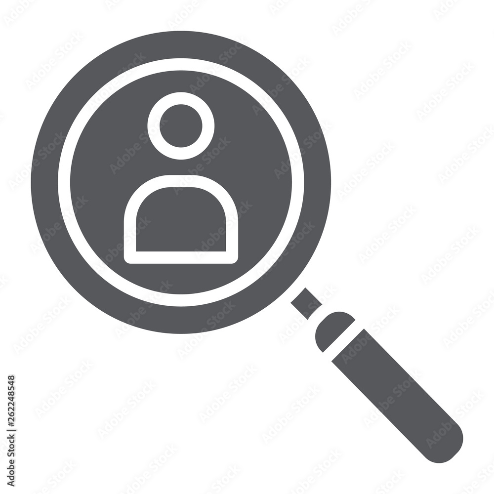 Person search glyph icon, recruitment and magnifier, lens with human sign, vector graphics, a solid pattern on a white background. Person search glyph icon, recruitment and magnifier, lens with human sign, vector graphics, a solid pattern on a white background.