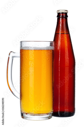 Fresh beer glass and bottle close up isolated on white background