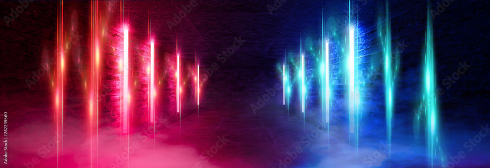 Light tunnel, dark long corridor room with neon lamps. Abstract blue and red neon, background with smoke and neon light. Concrete floor, symmetrical reflection and mirroring. 3D illustration. Light tunnel, dark long corridor room with neon lamps. Abstract blue and red neon, background with smoke and neon light. Concrete floor, symmetrical reflection and mirroring. 3D illustration.