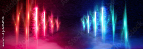 Light tunnel, dark long corridor room with neon lamps. Abstract blue and red neon, background with smoke and neon light. Concrete floor, symmetrical reflection and mirroring. 3D illustration.