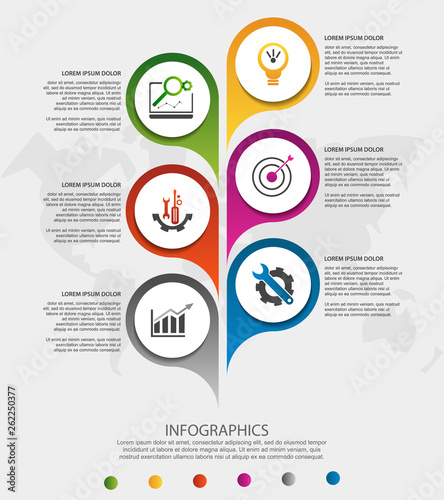 Modern 3D vector illustration. Circular infographic template with six elements, icons and figures. Designed for business, presentations, web design, applications, interfaces, diagrams with 6 steps