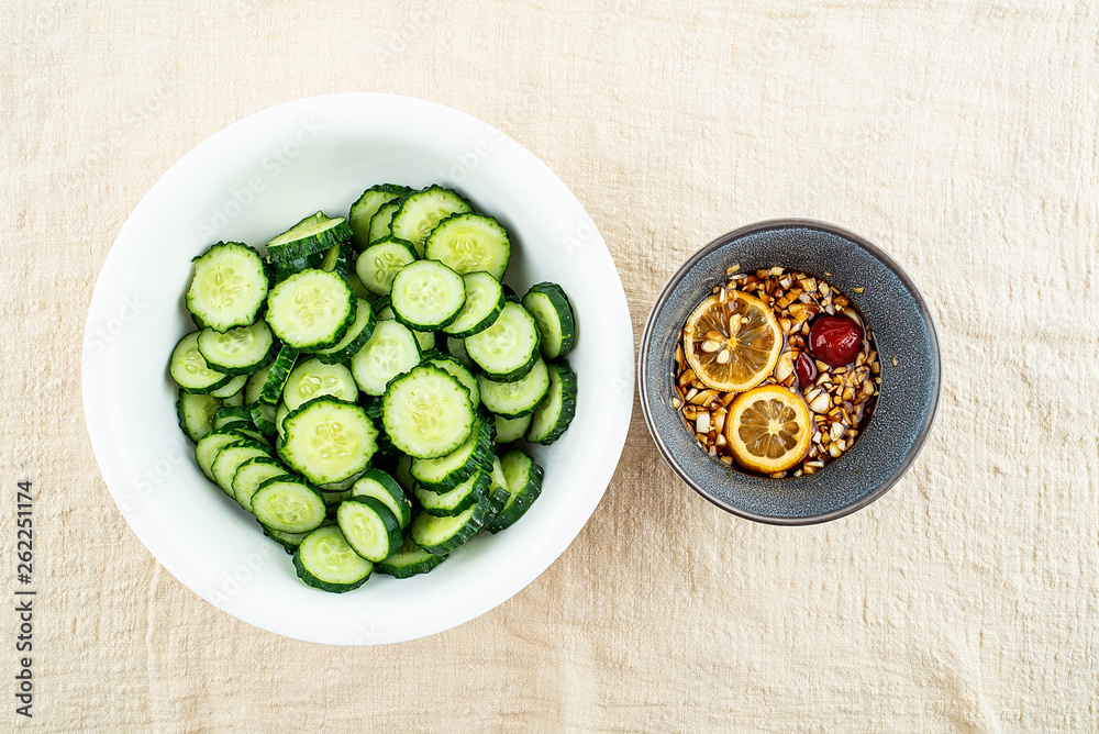 Cucumber slices and sauces Cucumber slices and sauces
