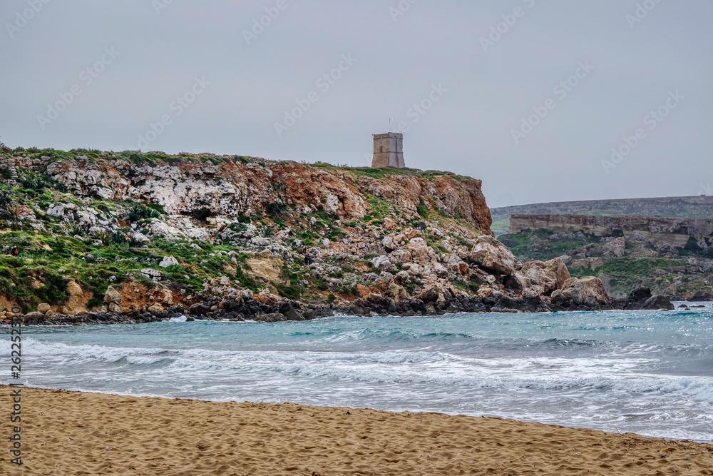 Beautiful Ghajn Tuffieha Bay and Watch Tower, Mgarr, Malta