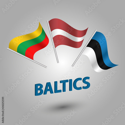 vector set waving flags of baltic states estonia, latvia and lithvania on silver pole - estonian, lativan, lithvanian icons with blue title baltics