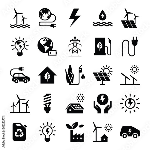 Green energy icon set in flat style.