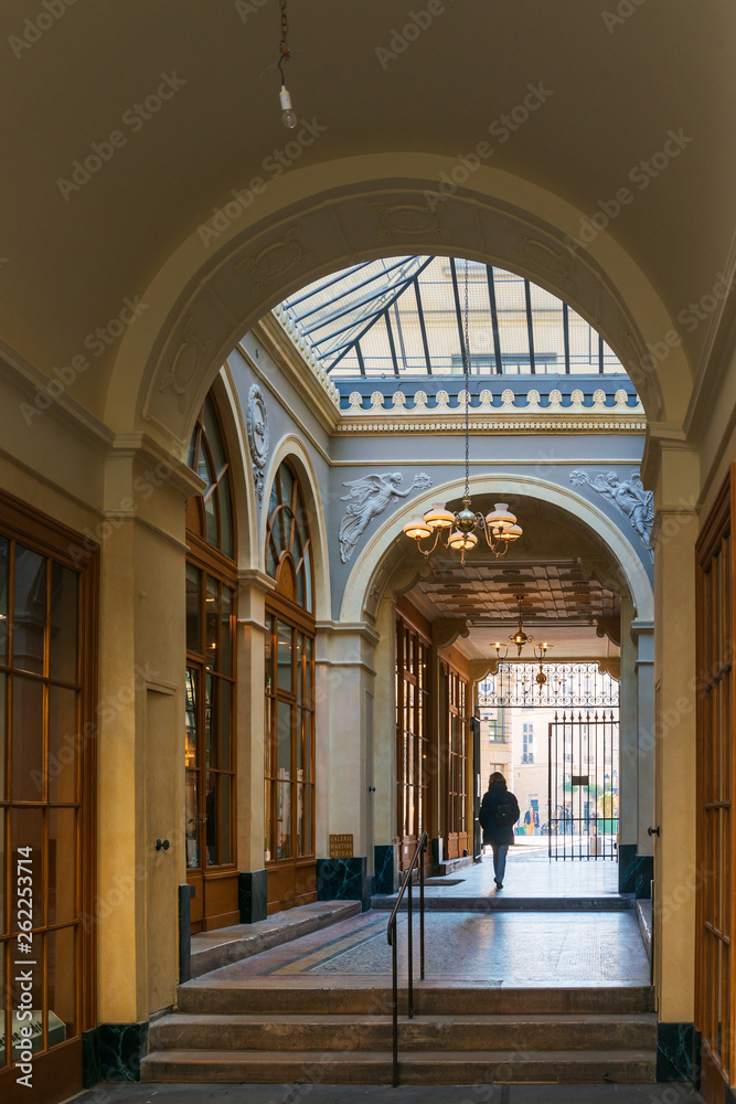 PARIS, FRANCE - APRIL 14, 2019: Covered Passage of Paris are an early form of shopping arcade built in Paris, France