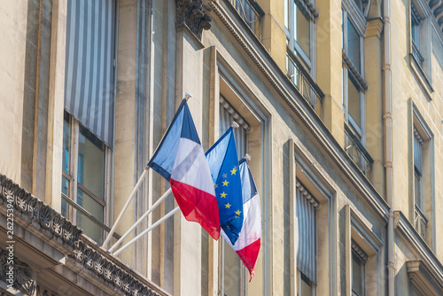 PARIS, FRANCE - APRIL 14, 2019: French flag and EU Community Flag