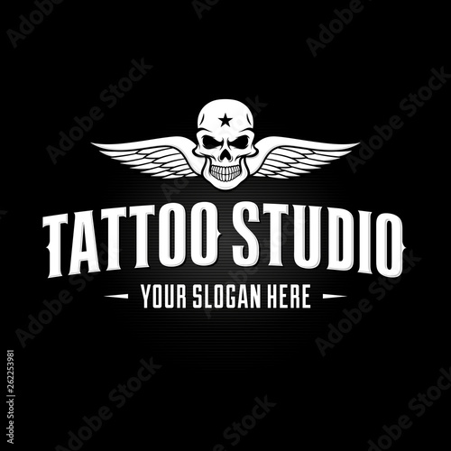 Skull Wings Tattoo Studio Logo Template Vector