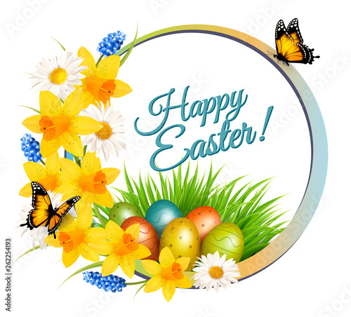 Holiday easter getting card with a colorful eggs and spring flowers in grass. Vector.