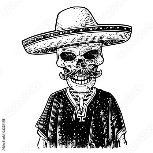Day of the Dead, Dia de los Muertos. The skeleton in the Mexican national costumes dance and play the trumpet.